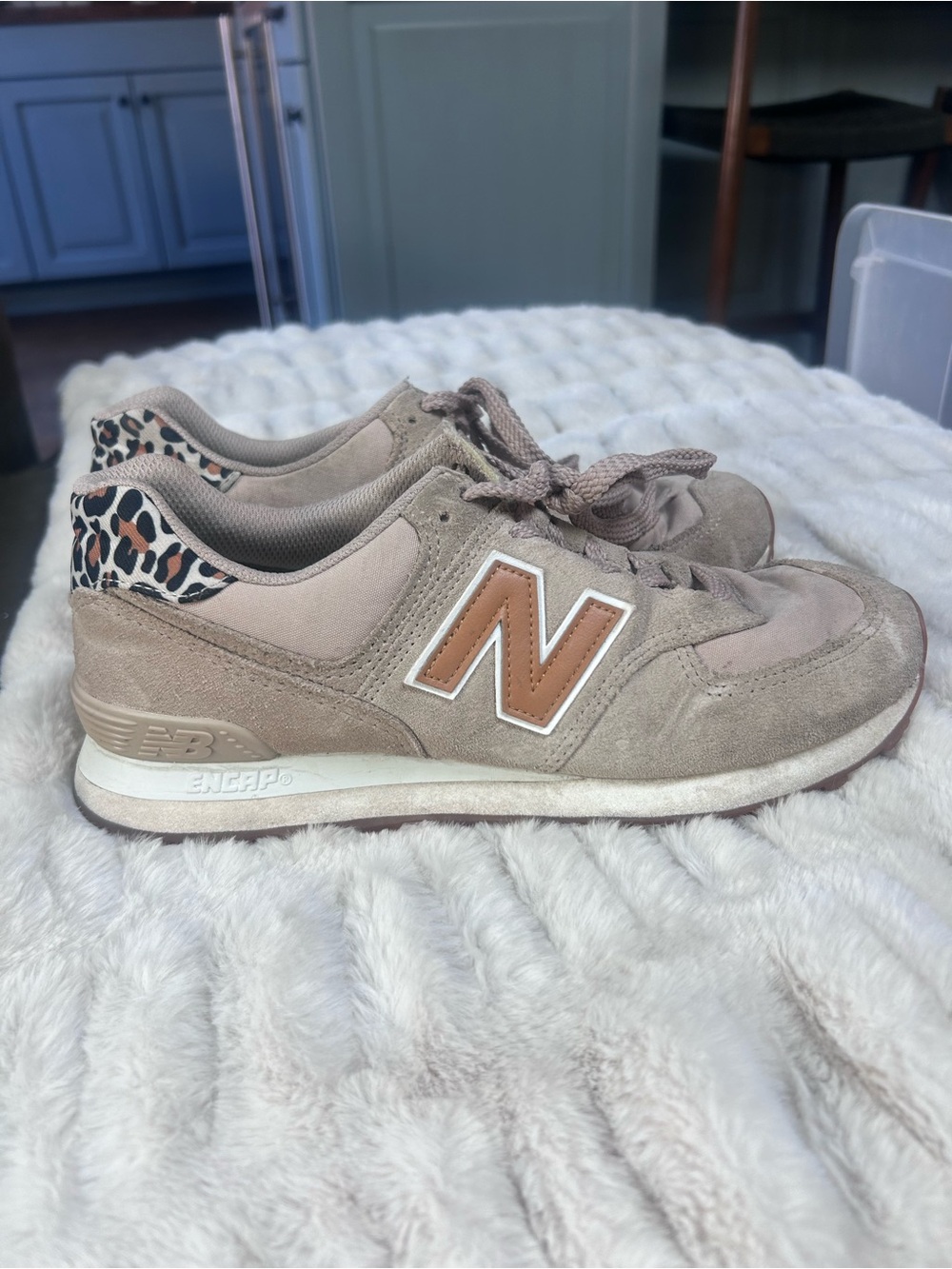 New Balance Women's Tan Suede Sneakers with Leopard Accent